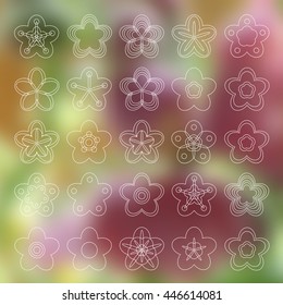 Set of linear flower symbols on a blurred background. Five petals. Vector illustration.