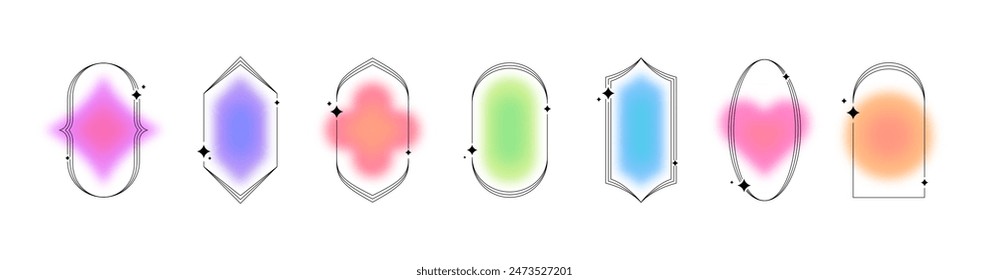 Set of linear frames with blur  gradients. Frame with blurred shapes. Minimal frame with sparkles. Simple y2k style graphic design element. Vector illustration.