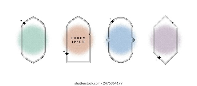 Set of linear frames with stippled gradients. Aesthetic  frames with blurred shapes. Minimal frame with sparkles. Simple y2k style graphic design element. Vector illustration.
