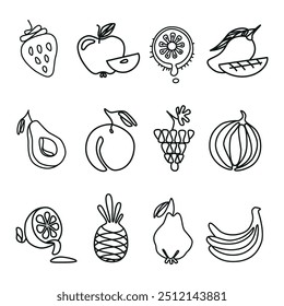 Set of linear fruit icons. Strawberry, peach, apple, pineapple, watermelon and others. Ideal for suitable for revision. Can be used for printing in books, on websites.  Vector line icons illustration.