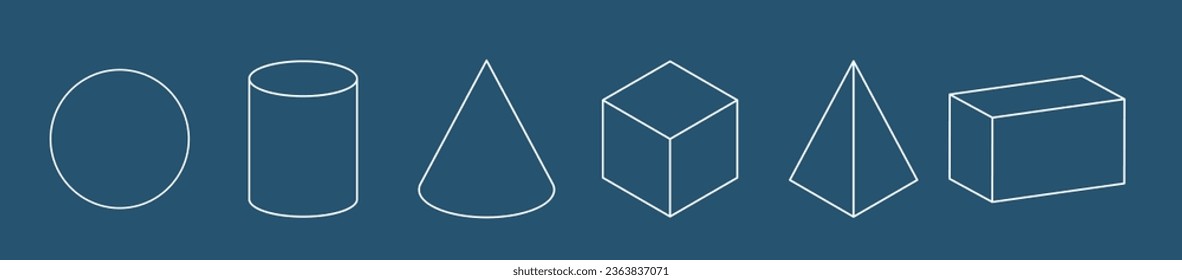 Satz linearer geometrischer Formen. Kuchen, Zylinder, Kegel, Würfel, Pyramide und Parallele. Mathematik einer geometrischen Figur, Kontur. umrissen.