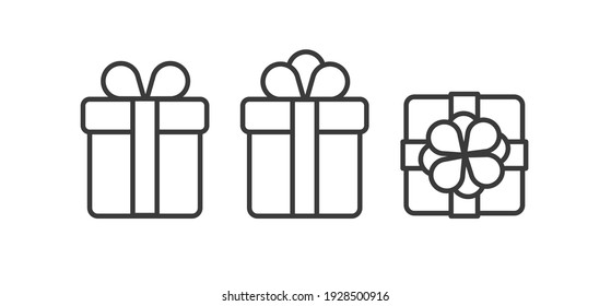 Set of linear gift boxes icons, side and top views with different bows, simle graphic element isolated