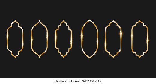 A set of linear gold frames on a black background. Isolated frames in Islamic, Arabic, Muslim style. Mosque gates, windows, buttons. Vector illustration.