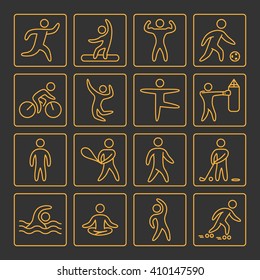 Set of linear gold icons for sports. Vector gold figure athletes on black background.
