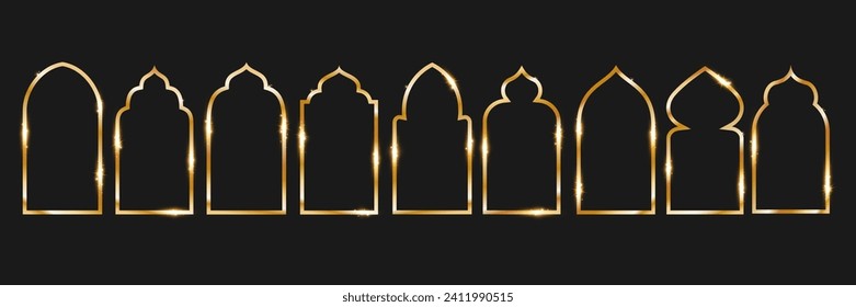 Un conjunto de arcos dorados lineales sobre un fondo negro. Ilustración vectorial. Abierto aislado al estilo islámico, árabe y musulmán. Puerta de mezquita, ventanas, botones.