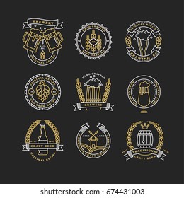 Set of linear golden brewery logos. Labels with bottles and hops. Vintage craft beer retro design elements, emblems, symbols, and icons or pub labels, badges collection. 
