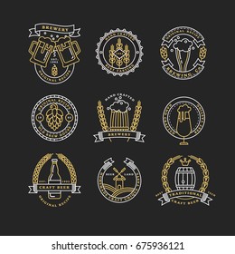 Set of linear golden brewery logos. Labels with bottles and hops. Vintage craft beer retro design elements, emblems, symbols, and icons or pub labels, badges collection. Beer business signs template