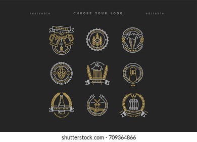 Set of linear golden brewery logos. Labels with bottles and hops. Vintage craft beer retro design elements, emblems, symbols, and icons or pub labels, badges collection. Beer business signs template