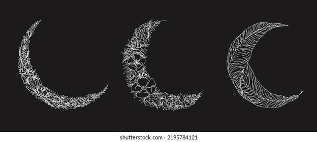 Set of linear graphic illustrations of the Moon Drawings of stars for clothes, etc. Vector illustration