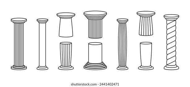 Set of linear greek columns and parts. Outline surreal column shape collection. Black and white twisted and divided pillar bundle. Vector illustration pack for poster, banner, flyer, booklet, collage
