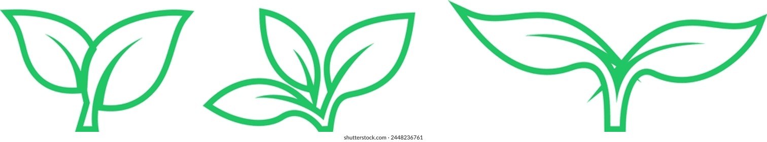 Set of linear green leaf icons as an ecology and environmental preservation symbols