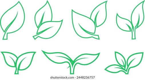 Set of linear green leaves icons as a symbols of environmental conservation principle