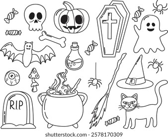 Set of linear halloween elements. Cute romantic things in doodle style. Black cat, pumpkin, spooky ghost, bat, skull and bone, candies, cauldron with potions, coffin, broom, witch hat and grave