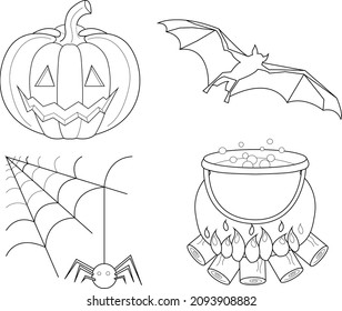 a set of linear Halloween icons with a pumpkin a cauldron a spider and a bat