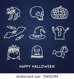 Set of linear HALLOWEEN icons -pumpkin, witch hat, cauldron, scull, cat, grave, candy, ghost, bats. Vector
