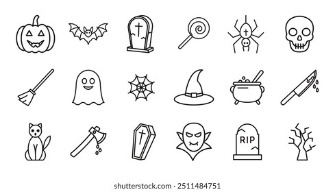 A set of linear Halloween-themed icons. Vector illustration isolated on a white background