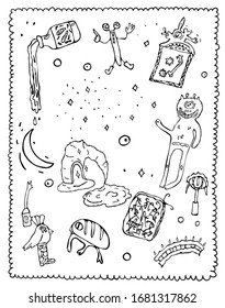 Set of linear hand drawings of different elements for the planner. Monsters, magic things, elixirs, notebooks.
