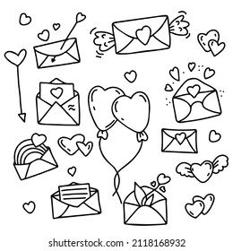 Juego de dibujos lineales a mano con letras de amor, sobres, globos y corazones, flecha de cúpidos, letras con flores y arcoíris. Ilustración vectorial. Elementos aislados para valentinas, diseño y decoración