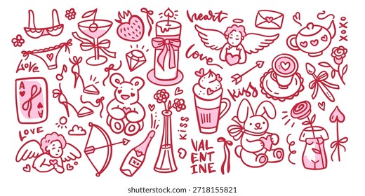 Conjunto de Elementos de coqueta dibujados a mano lineales para el día de San Valentín, invitación de boda. Lindos arcos femeninos, bebidas, corazones, cintas, rosas, pastel, corazón, fresa, peluche. Ilustración vectorial elegante de Antiguas