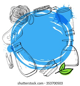 Set of linear hand drawn cosmetic bottles and shower accessories for washing. Sketch. Health. Blue vector background.