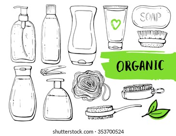 Set of linear hand drawn cosmetic bottles and shower accessories for washing. Lettering. Sketch. Health. Organic.