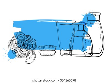 Set of linear hand drawn cosmetic bottles and shower accessories for washing. Sketch. Health.