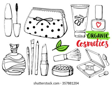 Set of linear hand drawn cosmetic bottles and shower accessories for women.  Sketch. Health and care. Beauty.