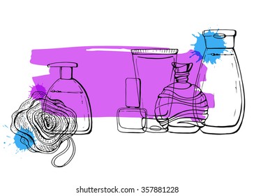 Set of linear hand drawn cosmetic bottles and shower accessories for washing. Perfume. Sketch. Health and care. Beauty.