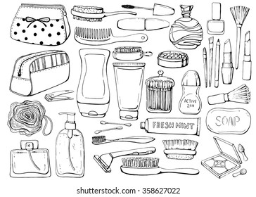 Set Of Linear Hand Drawn Cosmetics And Shower Accessories For Washing. Sketch. Health And Care. Beauty.