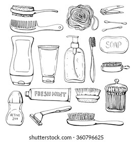 Set of linear hand drawn cosmetics and shower accessories for man. Clean and washing. Sketch. Health and care. Beauty.