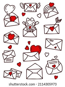 Conjunto de garabatos lineales dibujados a mano. sobres, cartas con amor y corazones, flechas, flores y arcoiris. Ilustración vectorial. Elementos aislados sobre fondo blanco para valentinas, diseño y decoración