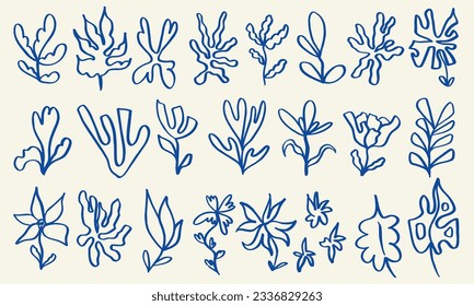 Set of linear hand drawn exotic jungle leaves, flowers and plants. Abstract modern trendy vector illustration. Perfect for posters, instagram posts, stickers.