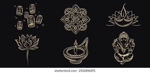 Set of linear hand drawn holiday objects for Diwali (Deepavali, Dipavali - Hindu Festival of lights) - lanterns (kandeels), oil lamps (Diya), lotus flowers, Lord Ganesha, Mandala Rangoli