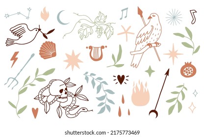 Set of linear hand drawn illustrations isolated on white: skull, birds, arrows, leaves, plants, shell. Vector elements for minimalist tattoo, logo, web.  Outline, line art collection