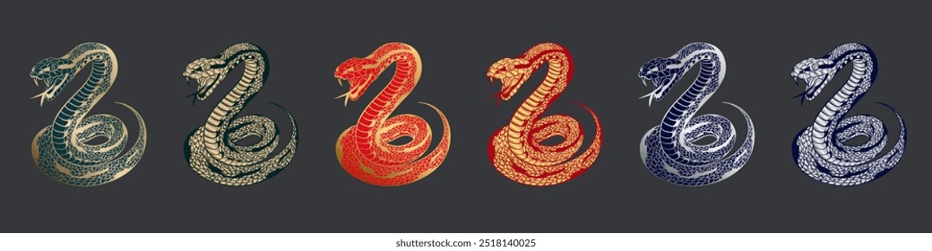 Set of linear hand drawn red, blue and green coiled snake with open mouth and intricate scale details with golden and silver outline. The snake's form and sharp eyes create a bold, minimalist design