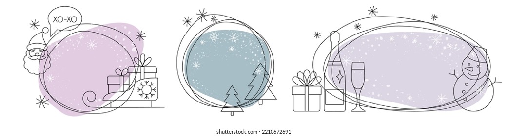 set of linear hand-drawn vector frames for New Year greetings, for messages. frames in the style of doodle and minimalism with space for text, messages, comments. linear symbols of new year. EPS 10.