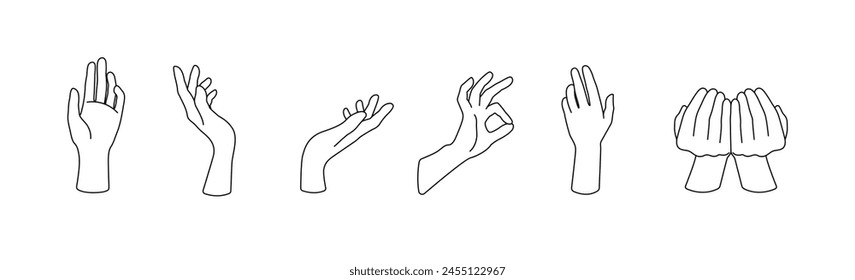 Set of Linear Hands gestures. Gestures Thin Line Icons. Palm gestures set. Hand holding, Giving, Open Palm. Outline graphic vector illustration isolated on white