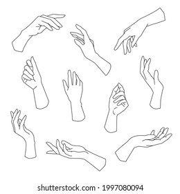 Set of linear hands in various gestures. Modern boho female hands. Vector illustration