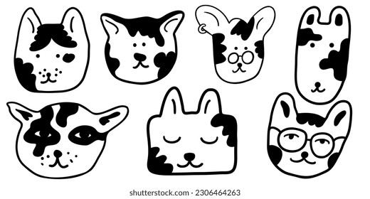 set of linear heads of cats in vector.collection of animals for design,stickers,wallpapers.images in lines,doodles,characters,plots,animals,people.isolated printable objects.social media avatars