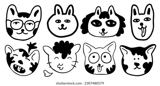 set of linear heads of cats in vector.collection of animals for design,stickers,wallpapers.images in lines,doodles,characters,plots,animals,people.isolated printable objects.social media avatars