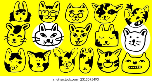 set of linear heads of cats in vector.collection of animals for design,stickers,wallpapers.images in lines,doodles,characters,plots,animals,people.isolated printable objects.social media avatars