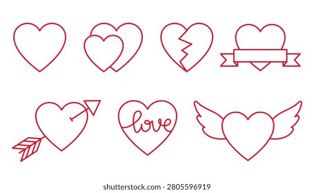Set linear heart icons. Symbols feelings, emotions and love. Broken heart. Heart with an arrow. Heart with angel wings. For apps or websites.