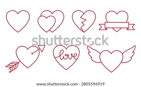 Set linear heart icons. Symbols feelings, emotions and love. Broken heart. Heart with an arrow. Heart with angel wings. For apps or websites.