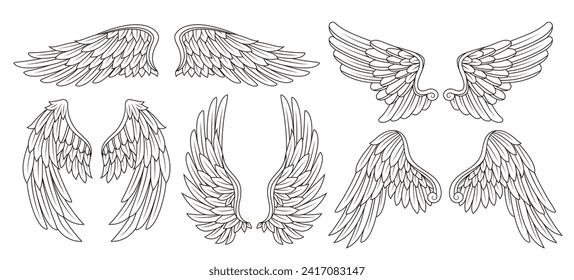Set of linear heraldic wings. Collection of black and white angel or bird wings with feathers. Design element for tattoo, logo or mascot. Outline flat vector illustrations isolated on white background