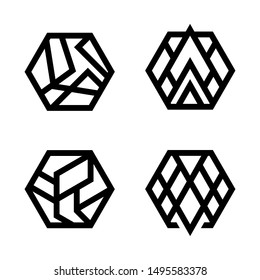 Set of linear hexagon logo icon signs. Modern vector geometric shapes.