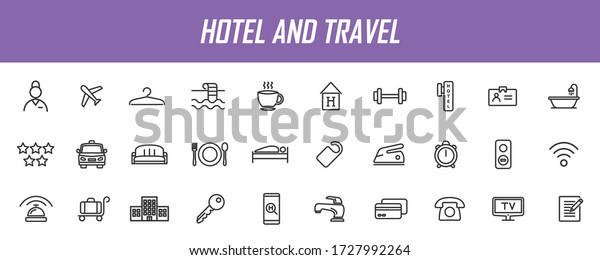 Set of linear hotel icons. Travel icons in\
simple design. Vector\
illustration