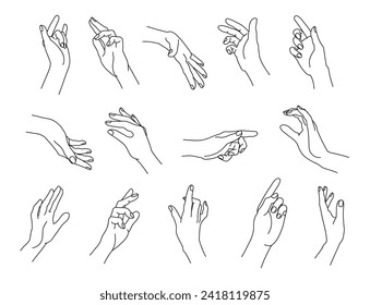 Set of linear human palms. Hand gestures for pointing, holding, snapping and gentle touch isolated vector line illustration set of finger drawing linear