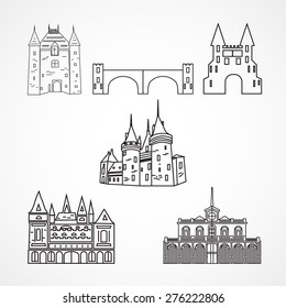 Set of Linear icon, black silhouette of an medieval castles on white background. Vector illustration.