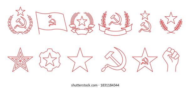 Set of linear icon of communism. Hammer, sickle, wreath, star, flag, gear and fist of rebellion. Red Soviet emblems isolated on white background. Vector