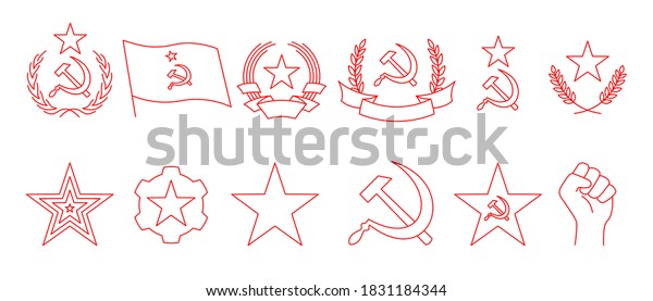 Set of linear icon of communism. Hammer, sickle, wreath, star, flag, gear and fist of rebellion. Red Soviet emblems isolated on white background. Vector